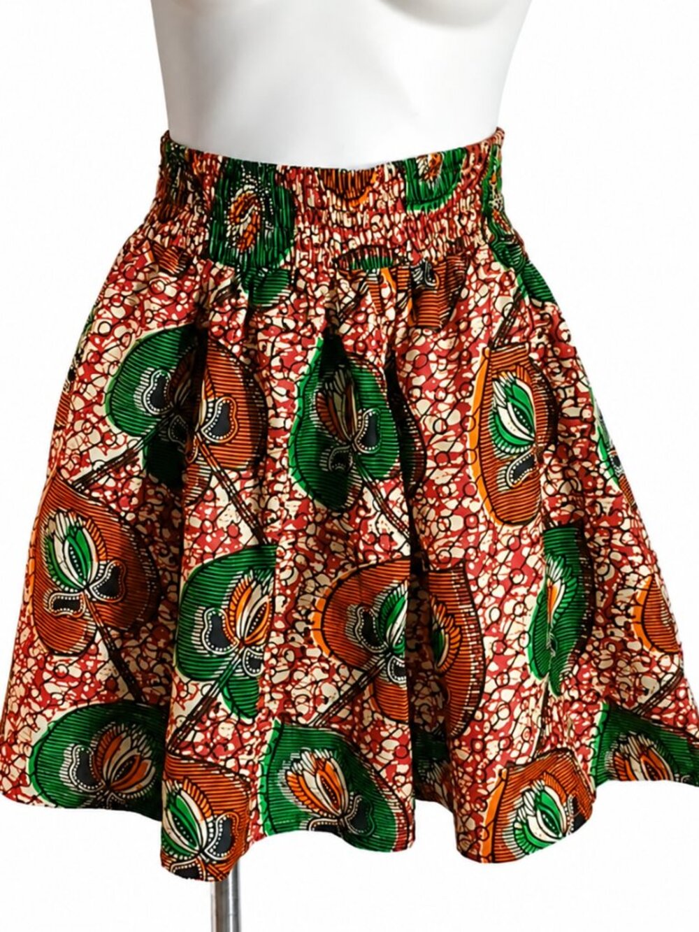 "FREE SIZE" African Print Ankara Mini Skirt Green Orange Red High Waist Flared